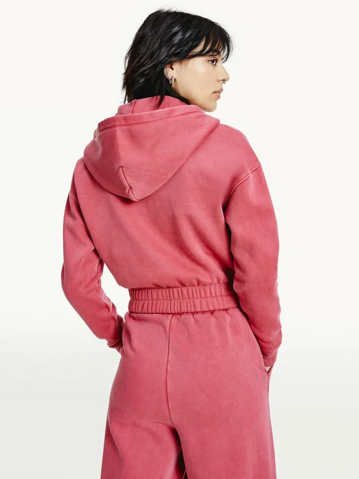 Tommy Hilfiger College Cropped QuarterZip Hoody Cranberry Crush Womens Sweatshirts and Hoodies On Sale