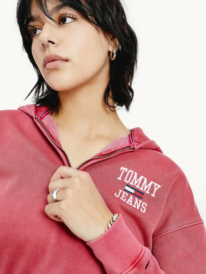 Tommy Hilfiger College Cropped QuarterZip Hoody Cranberry Crush Womens Sweatshirts and Hoodies On Sale