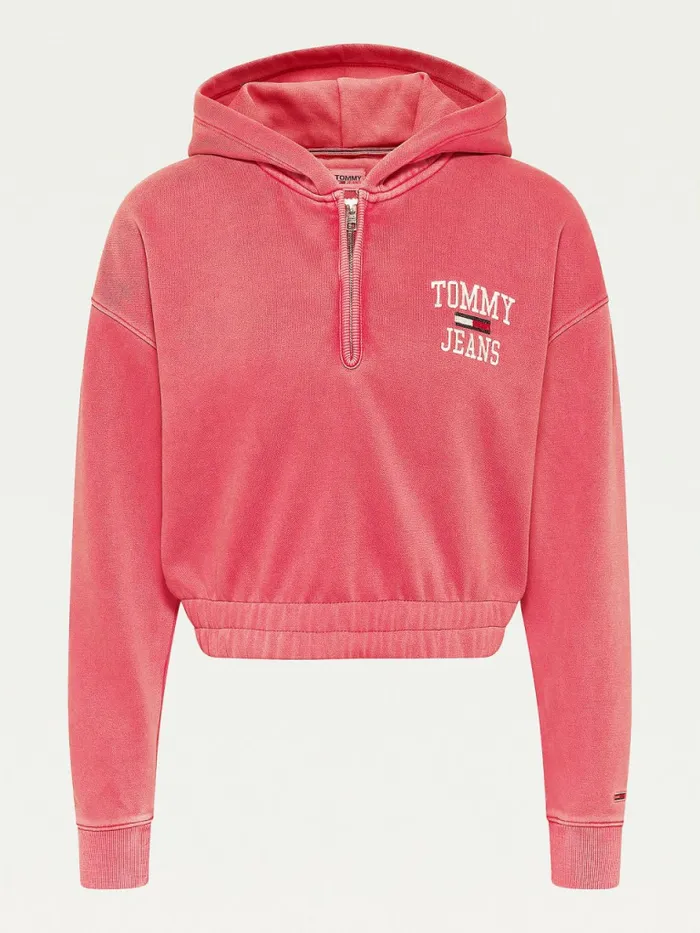 Tommy Hilfiger College Cropped QuarterZip Hoody Cranberry Crush Womens Sweatshirts and Hoodies On Sale