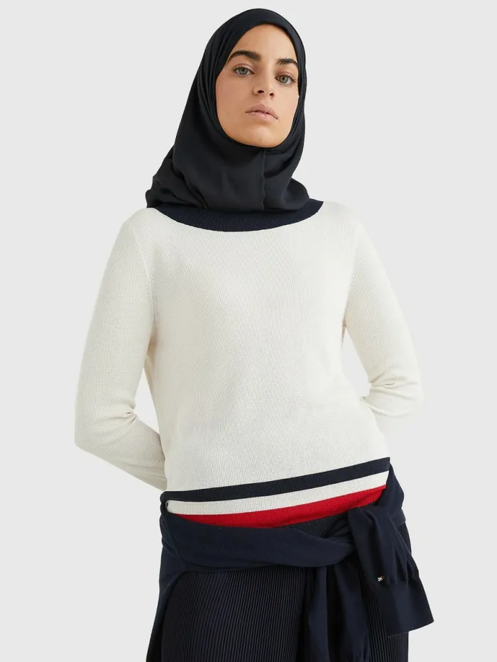 Tommy Hilfiger ColourBlocked Boat Neck Jumper EcruDesert SkyPrimary Red Stp Womens Knitwear For Sale Tommy Hilfiger ColourBlocked Boat Neck Jumper EcruDesert SkyPrimary Red Stp Womens Knitwear For Sale