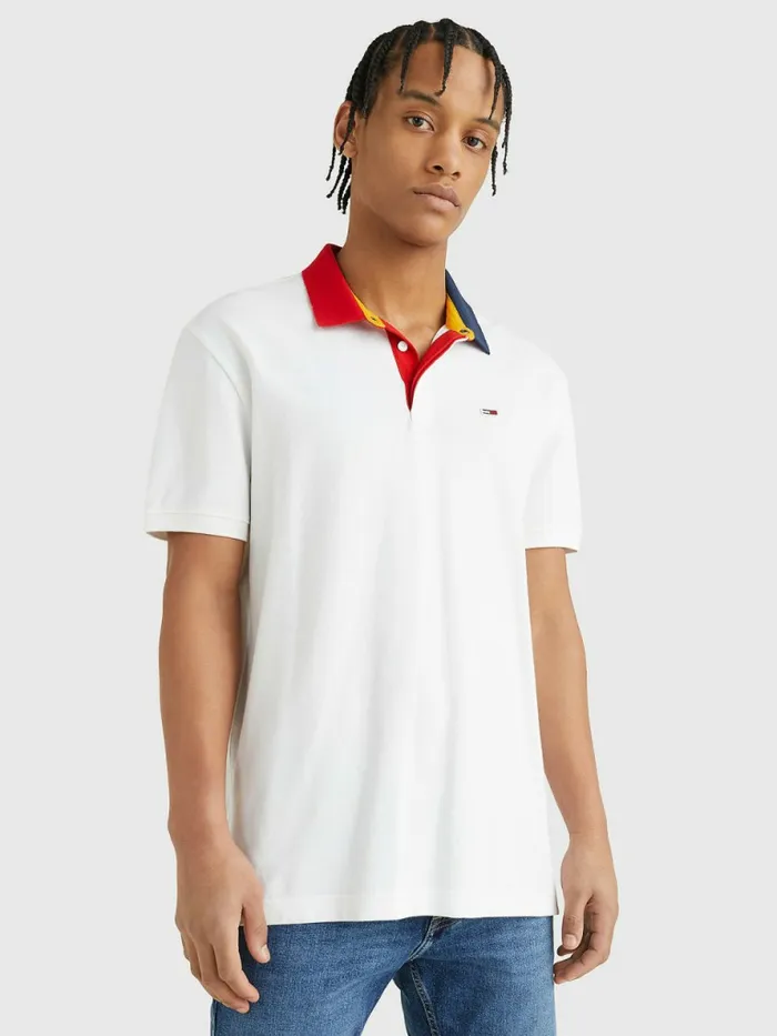 Tommy Hilfiger ColourBlocked Collar Relaxed Fit Polo White Mens Polo Shirts On Sale Tommy Hilfiger ColourBlocked Collar Relaxed Fit Polo White Mens Polo Shirts On Sale