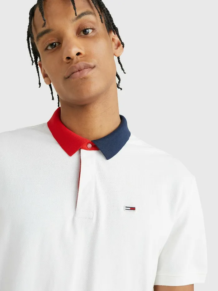 Tommy Hilfiger ColourBlocked Collar Relaxed Fit Polo White Mens Polo Shirts On Sale