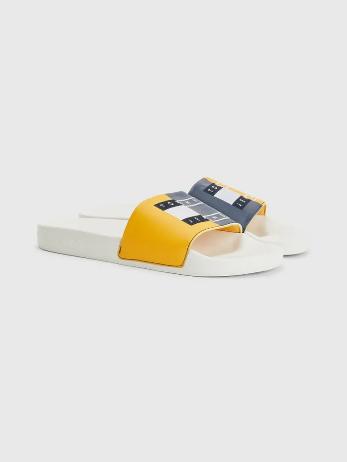 Tommy Hilfiger ColourBlocked Logo Pool Slides Prairie Yellow Mens Sandals Sliders and Flip Flops On Sale Tommy Hilfiger ColourBlocked Logo Pool Slides Prairie Yellow Mens Sandals Sliders and Flip Flops On Sale