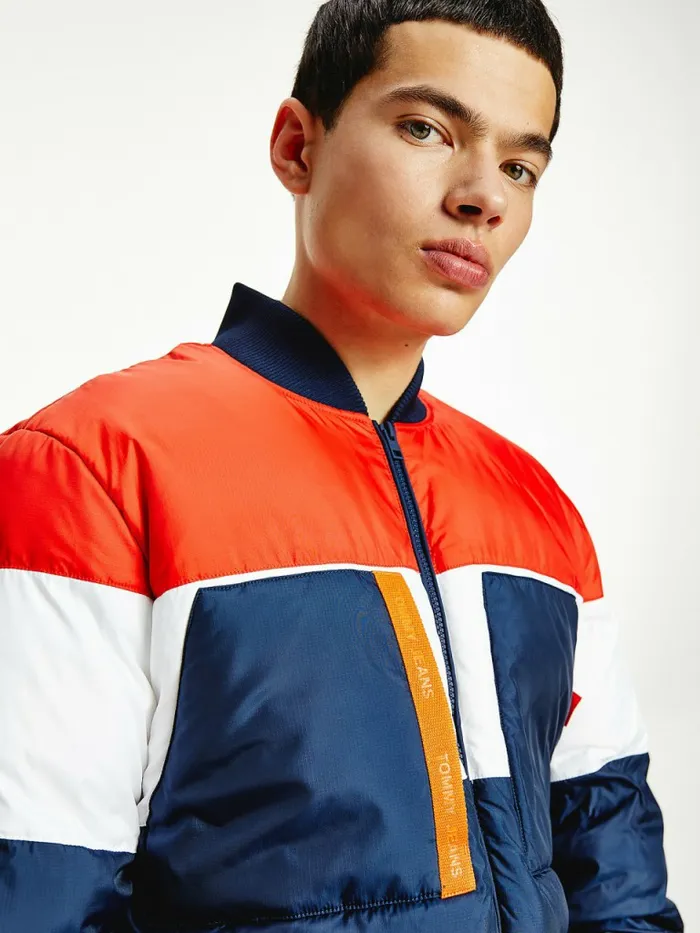 Tommy Hilfiger ColourBlocked Padded Bomber Jacket Twilight NavyMulti Mens Coats and Jackets Gift for Friend