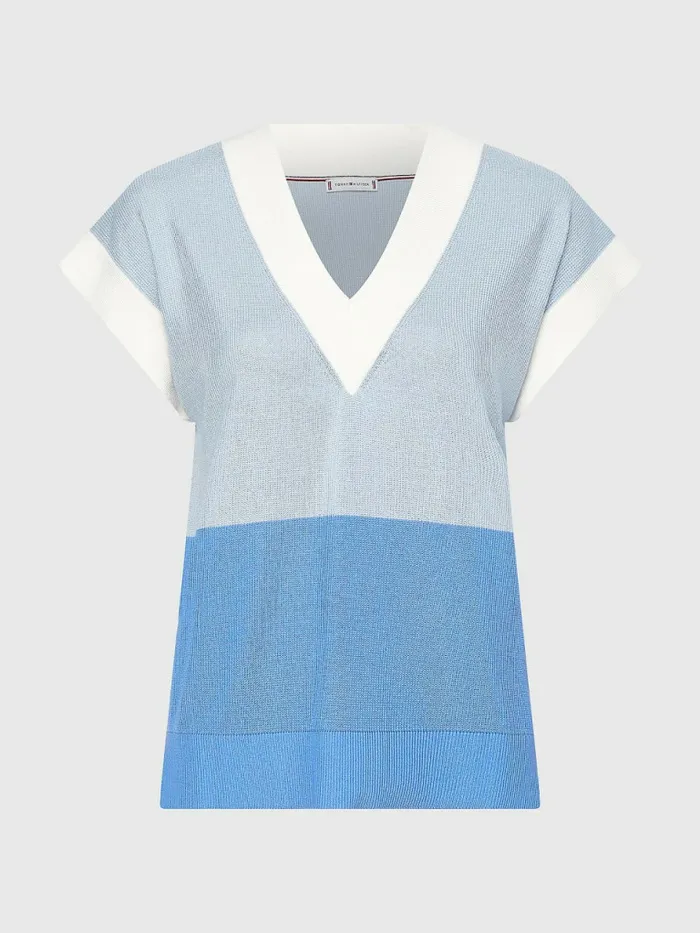 Tommy Hilfiger ColourBlocked VNeck Relaxed Fit Vest Blue Colourblock Swt Womens Knitwear Casaul