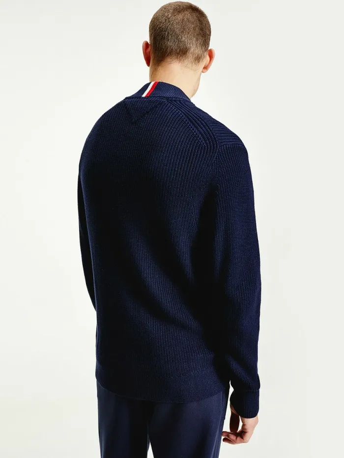Tommy Hilfiger ColourBlocked ZipThru Stripe Cardigan Desert Sky Mens Knitwear Cheap On Sale