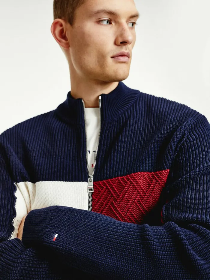 Tommy Hilfiger ColourBlocked ZipThru Stripe Cardigan Desert Sky Mens Knitwear Cheap On Sale