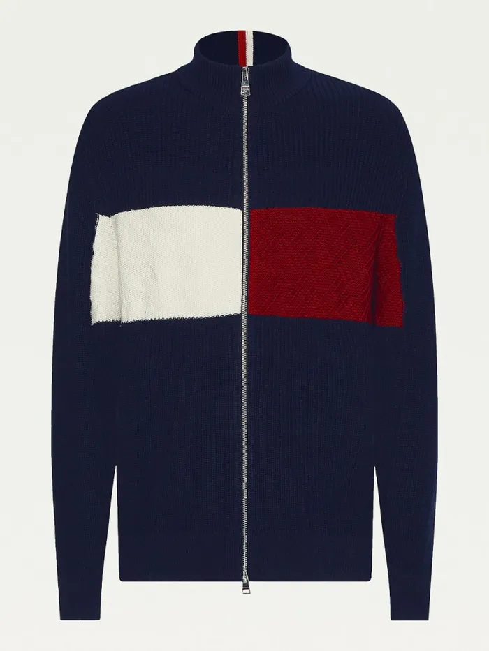 Tommy Hilfiger ColourBlocked ZipThru Stripe Cardigan Desert Sky Mens Knitwear Cheap On Sale