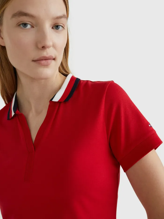 Tommy Hilfiger Contrast Collar Slim Fit Polo Top Primary Red Womens Polo Shirts Near Me