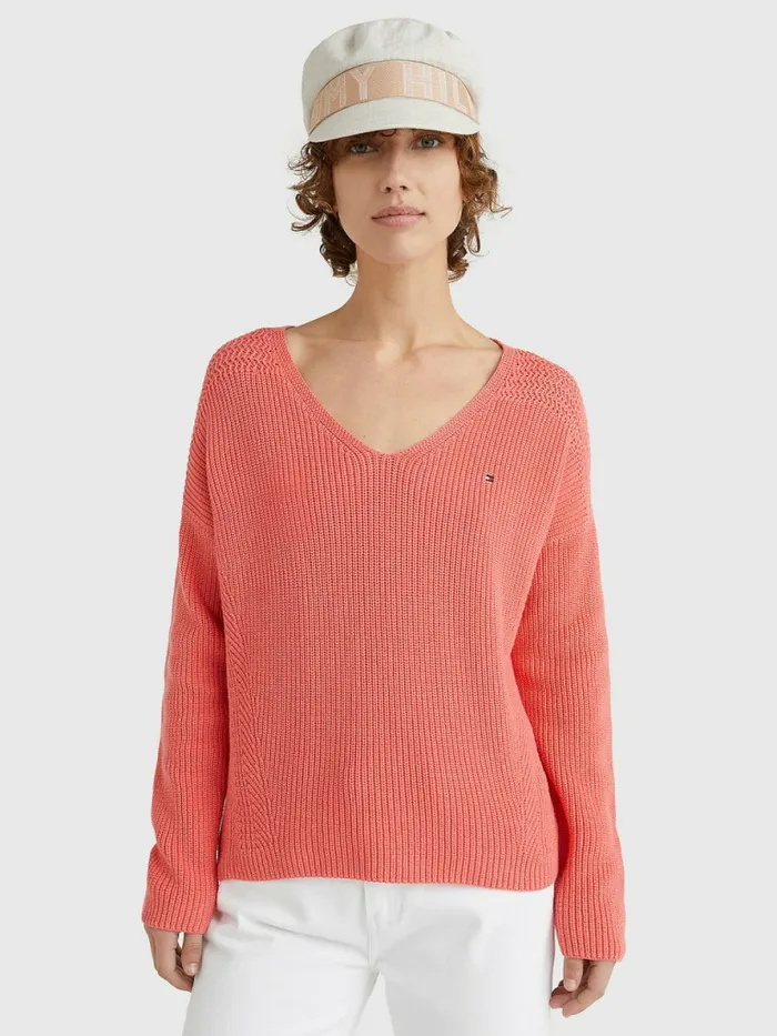Tommy Hilfiger Contrast Knit Relaxed Fit VNeck Jumper Crystal Coral Womens Knitwear Popular Tommy Hilfiger Contrast Knit Relaxed Fit VNeck Jumper Crystal Coral Womens Knitwear Popular