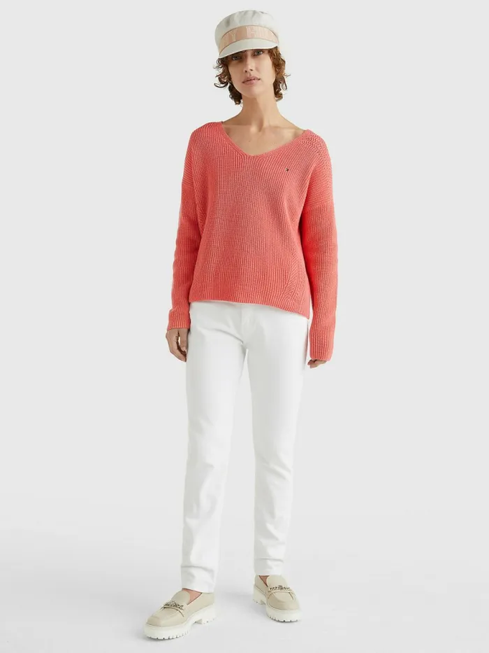 Tommy Hilfiger Contrast Knit Relaxed Fit VNeck Jumper Crystal Coral Womens Knitwear Popular