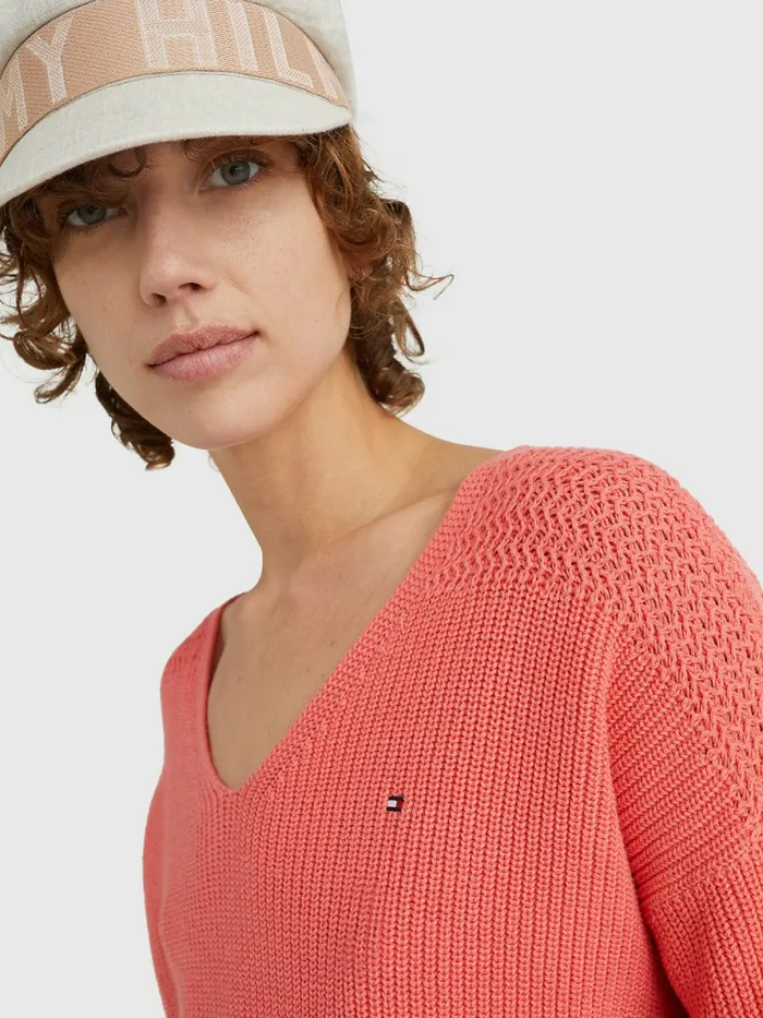 Tommy Hilfiger Contrast Knit Relaxed Fit VNeck Jumper Crystal Coral Womens Knitwear Popular