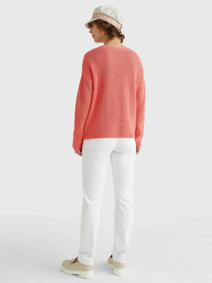 Tommy Hilfiger Contrast Knit Relaxed Fit VNeck Jumper Crystal Coral Womens Knitwear Popular