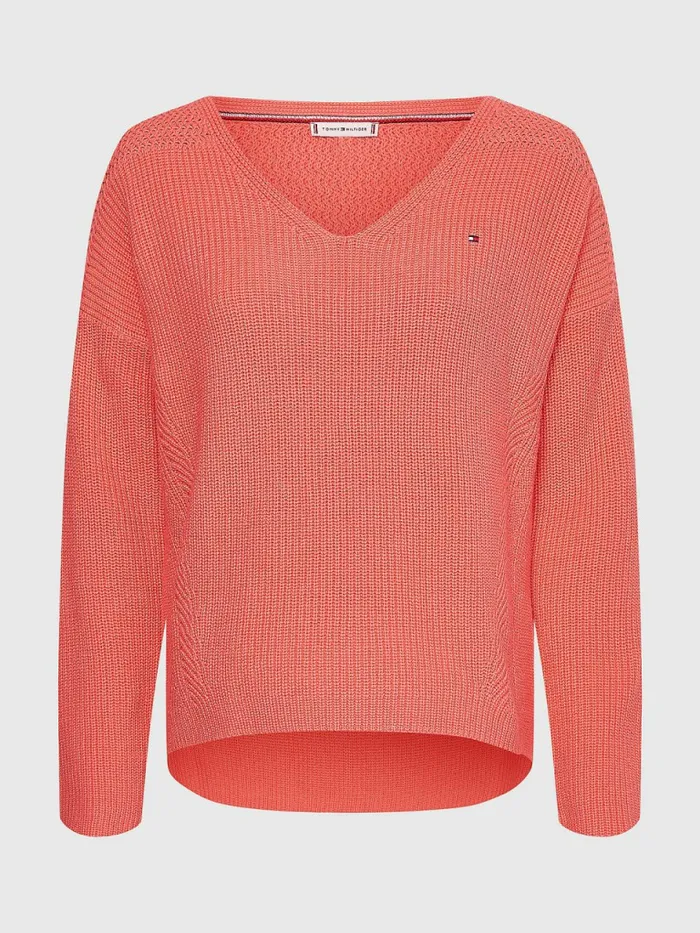 Tommy Hilfiger Contrast Knit Relaxed Fit VNeck Jumper Crystal Coral Womens Knitwear Popular