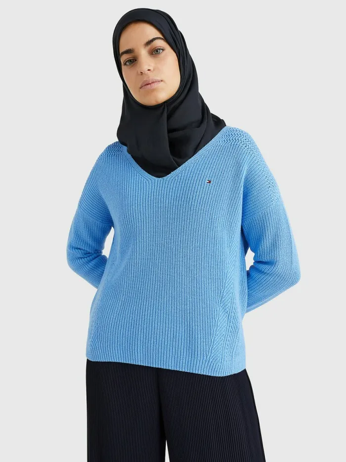 Tommy Hilfiger Contrast Knit Relaxed Fit VNeck Jumper Hydrangea Blue Womens Knitwear Fashion Tommy Hilfiger Contrast Knit Relaxed Fit VNeck Jumper Hydrangea Blue Womens Knitwear Fashion
