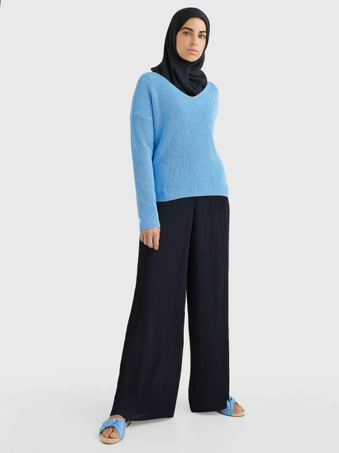 Tommy Hilfiger Contrast Knit Relaxed Fit VNeck Jumper Hydrangea Blue Womens Knitwear Fashion