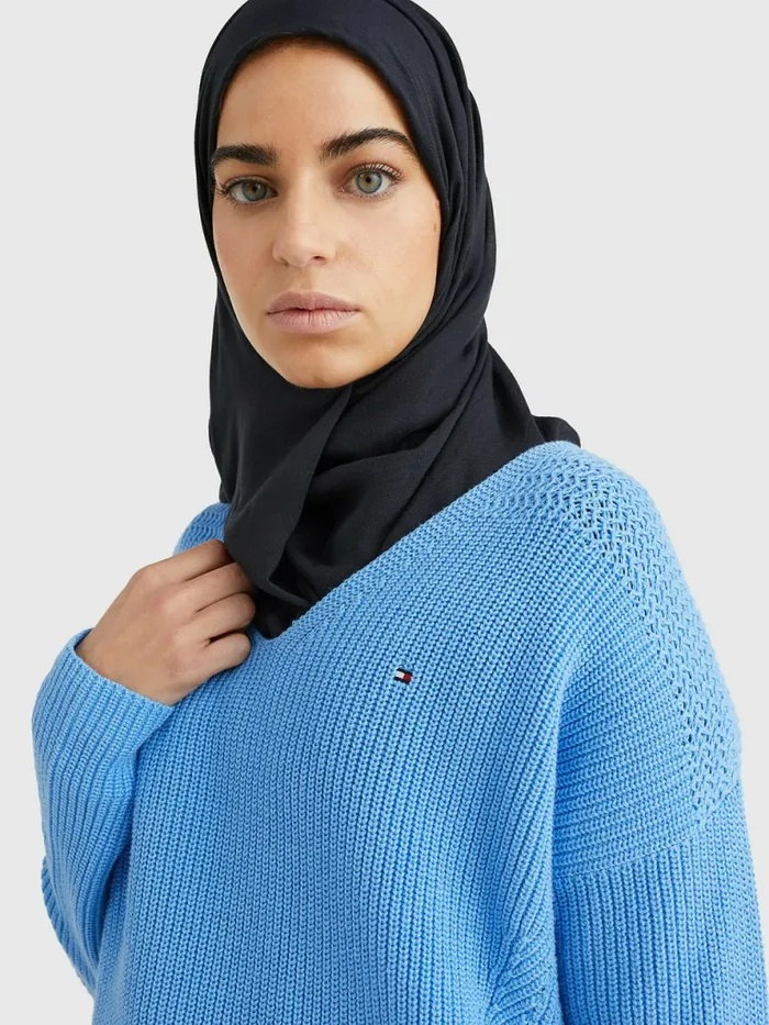 Tommy Hilfiger Contrast Knit Relaxed Fit VNeck Jumper Hydrangea Blue Womens Knitwear Fashion