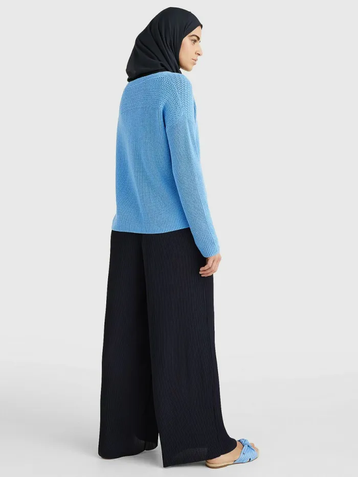 Tommy Hilfiger Contrast Knit Relaxed Fit VNeck Jumper Hydrangea Blue Womens Knitwear Fashion