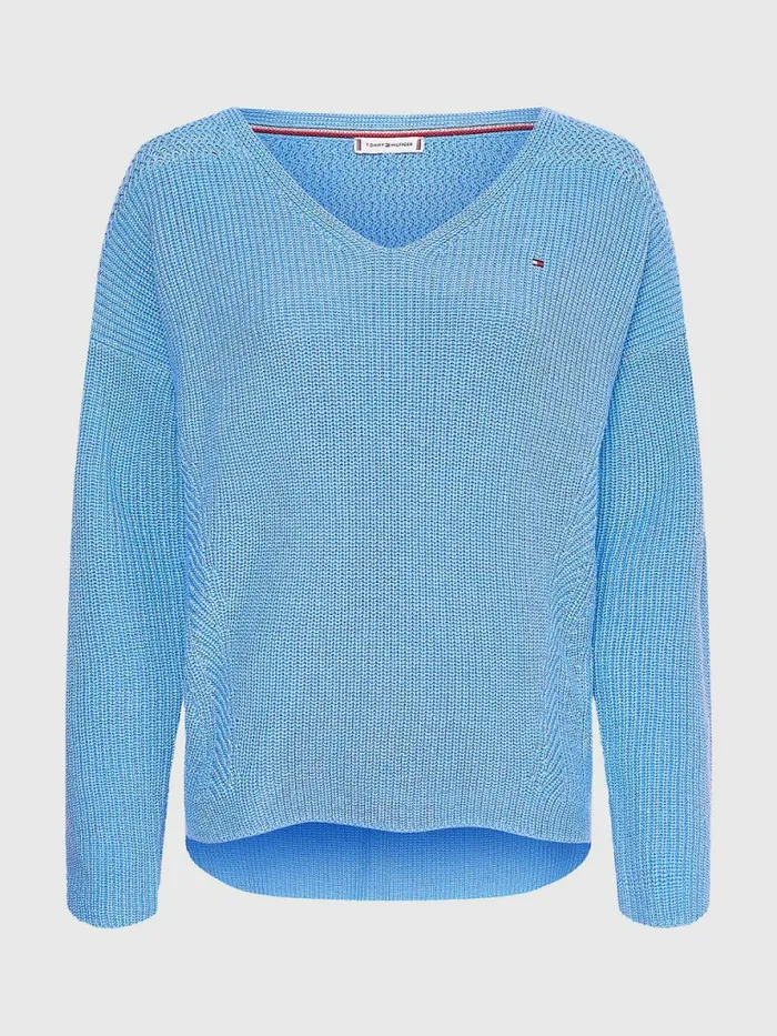 Tommy Hilfiger Contrast Knit Relaxed Fit VNeck Jumper Hydrangea Blue Womens Knitwear Fashion