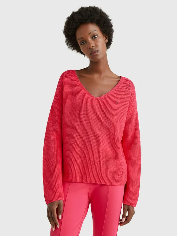 Tommy Hilfiger Contrast Knit Relaxed Fit VNeck Jumper Pink Splendor Womens Knitwear Gift for Friend Tommy Hilfiger Contrast Knit Relaxed Fit VNeck Jumper Pink Splendor Womens Knitwear Gift for Friend