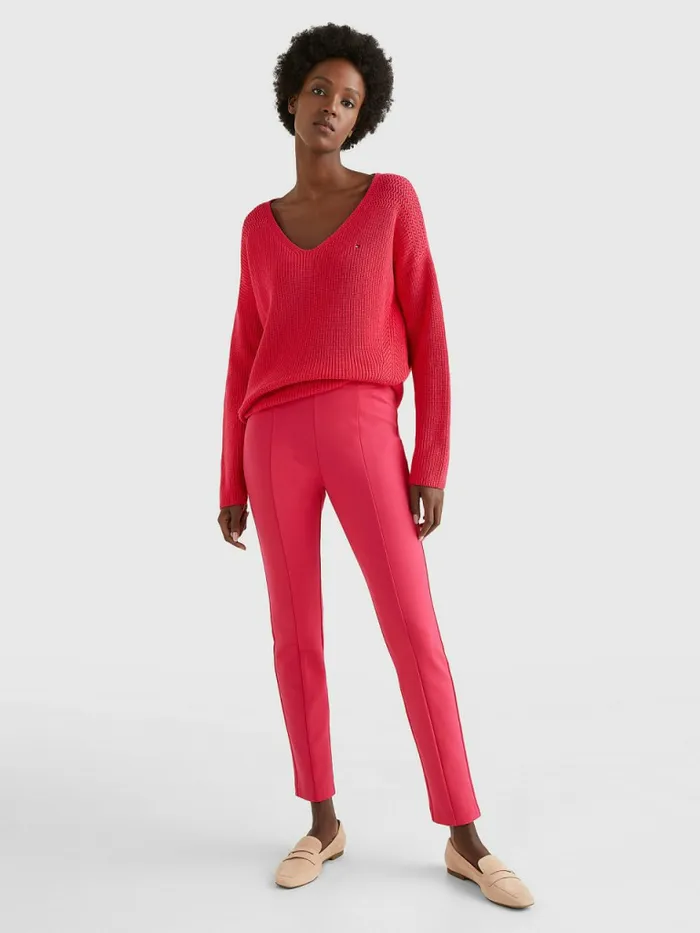 Tommy Hilfiger Contrast Knit Relaxed Fit VNeck Jumper Pink Splendor Womens Knitwear Gift for Friend