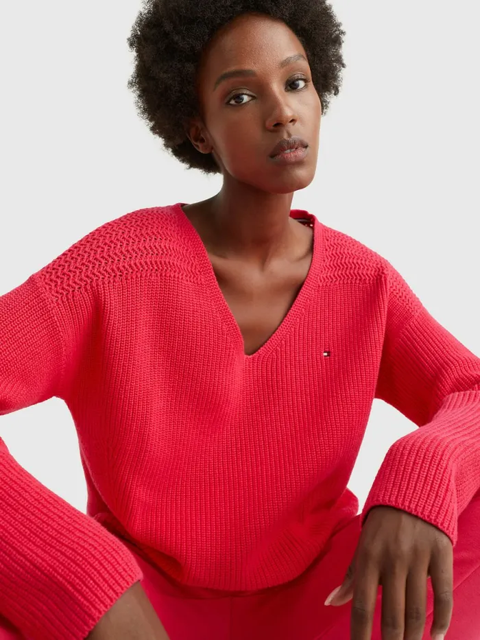 Tommy Hilfiger Contrast Knit Relaxed Fit VNeck Jumper Pink Splendor Womens Knitwear Gift for Friend