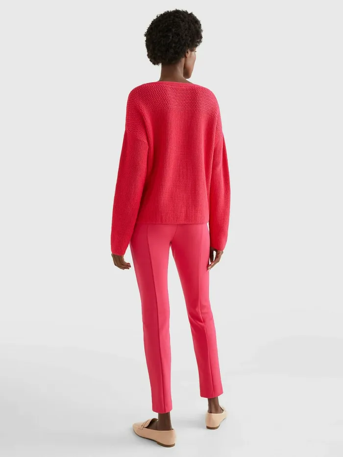 Tommy Hilfiger Contrast Knit Relaxed Fit VNeck Jumper Pink Splendor Womens Knitwear Gift for Friend