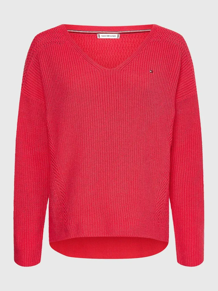 Tommy Hilfiger Contrast Knit Relaxed Fit VNeck Jumper Pink Splendor Womens Knitwear Gift for Friend