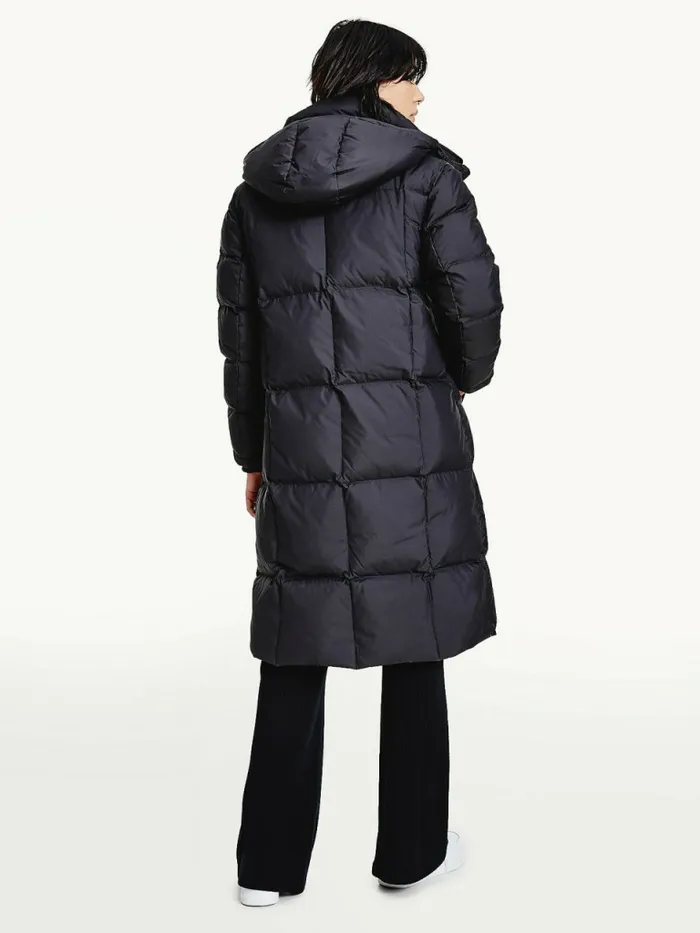 Tommy Hilfiger Contrast Panel Long Down Coat Black Womens Coats and Jackets On Sale