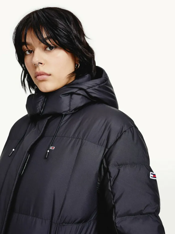 Tommy Hilfiger Contrast Panel Long Down Coat Black Womens Coats and Jackets On Sale