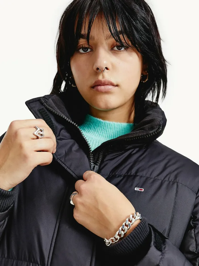 Tommy Hilfiger Contrast Panel Long Down Coat Black Womens Coats and Jackets On Sale