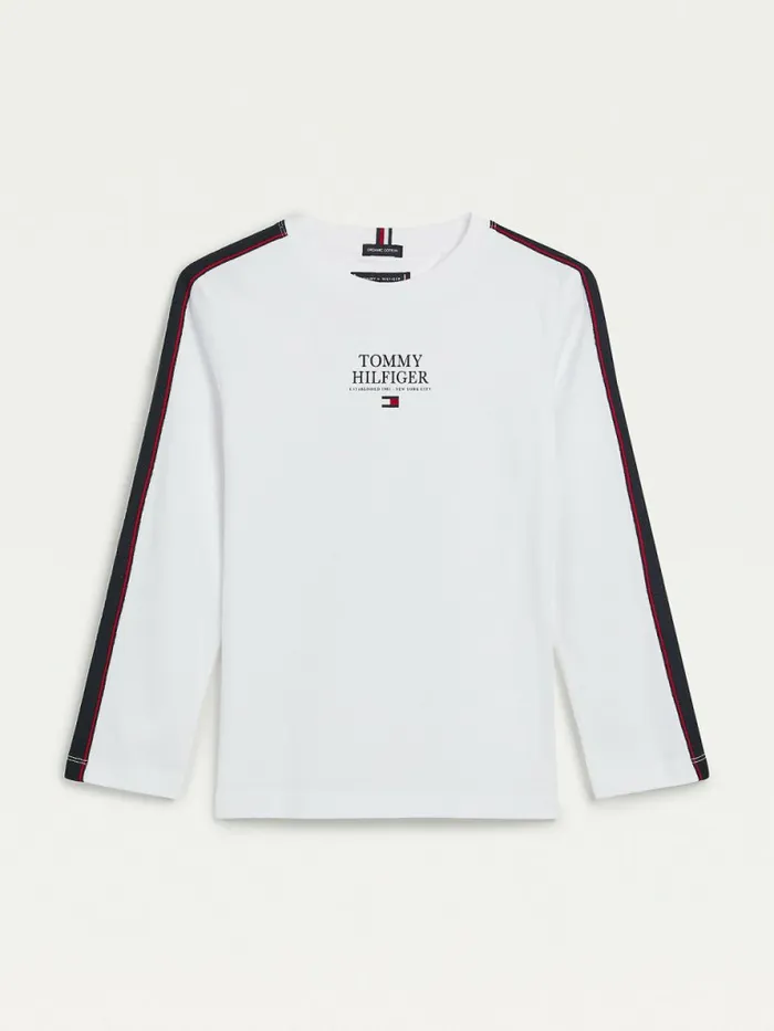 Tommy Hilfiger Contrast Tape Long Sleeve TShirt White Boys TShirts and Polos On Sale Tommy Hilfiger Contrast Tape Long Sleeve TShirt White Boys TShirts and Polos On Sale