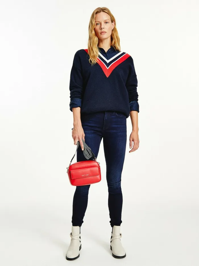 Tommy Hilfiger Contrast VNeck Relaxed Fit Jumper Desert Sky Womens Knitwear Gift 4 You Tommy Hilfiger Contrast VNeck Relaxed Fit Jumper Desert Sky Womens Knitwear Gift 4 You