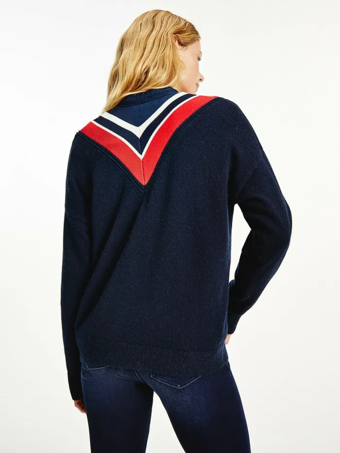 Tommy Hilfiger Contrast VNeck Relaxed Fit Jumper Desert Sky Womens Knitwear Gift 4 You