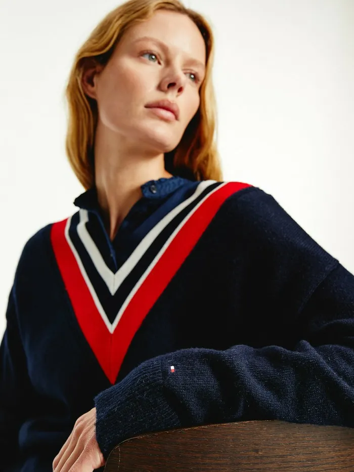 Tommy Hilfiger Contrast VNeck Relaxed Fit Jumper Desert Sky Womens Knitwear Gift 4 You