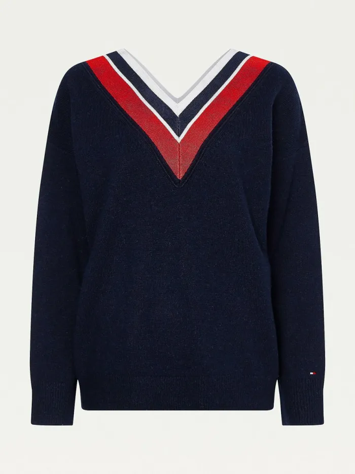 Tommy Hilfiger Contrast VNeck Relaxed Fit Jumper Desert Sky Womens Knitwear Gift 4 You