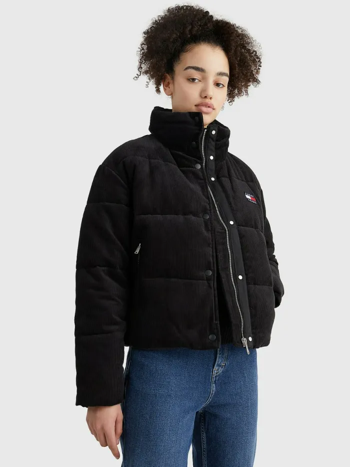 Tommy Hilfiger Corduroy Padded Puffer Jacket Black Womens Coats and Jackets For Sale Tommy Hilfiger Corduroy Padded Puffer Jacket Black Womens Coats and Jackets For Sale
