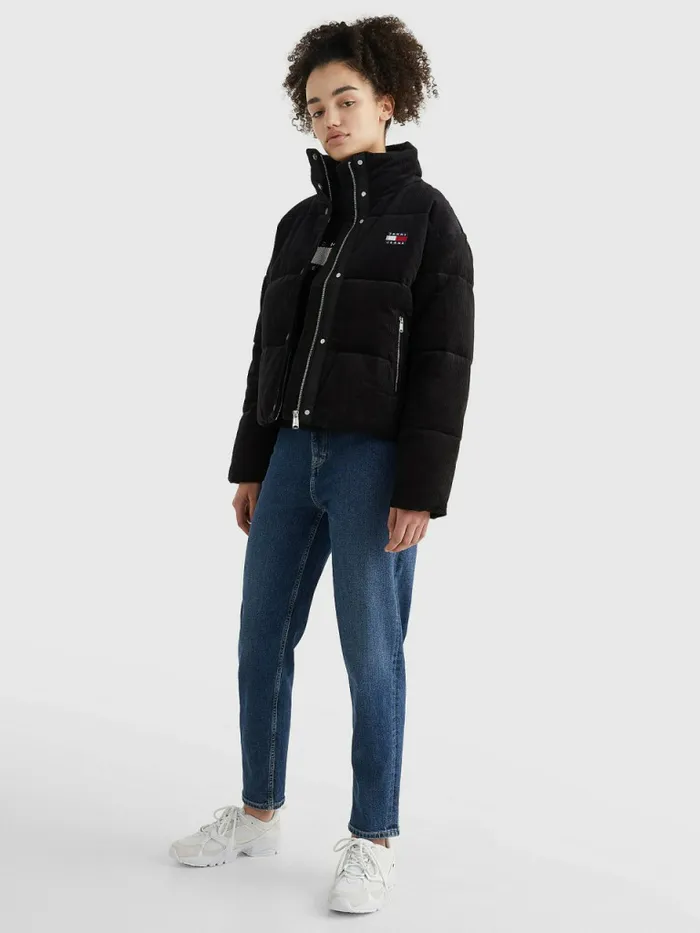 Tommy Hilfiger Corduroy Padded Puffer Jacket Black Womens Coats and Jackets For Sale