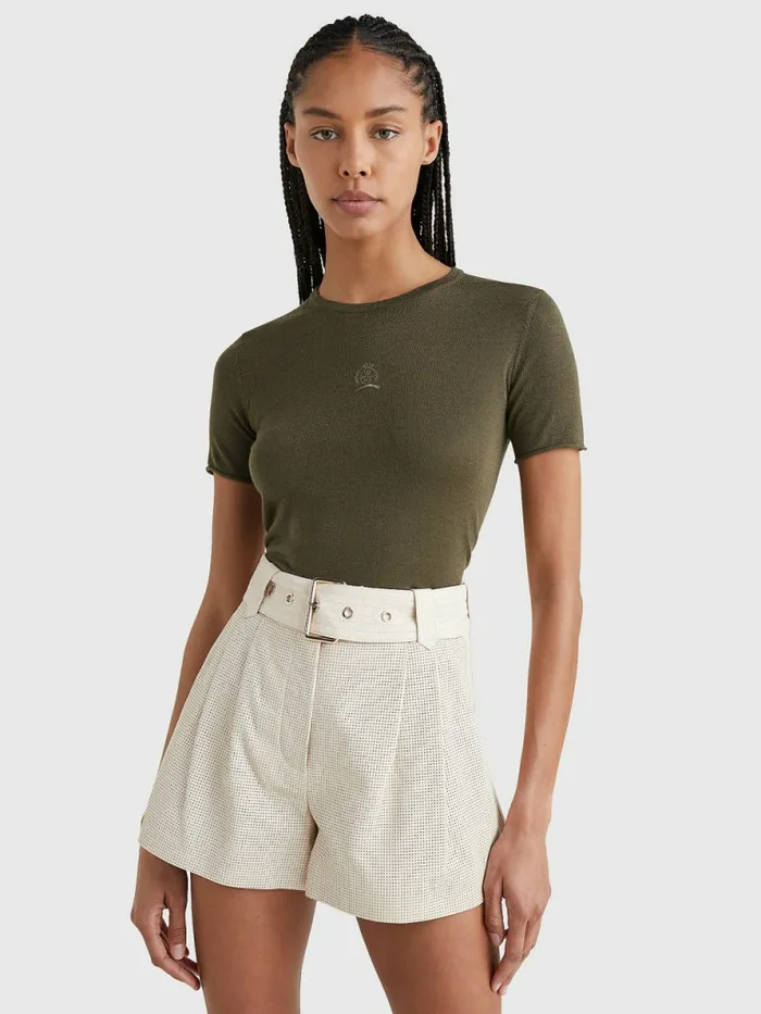 Tommy Hilfiger Crest Embroidery Wool Silk TShirt Army Green Womens TShirts Sale Tommy Hilfiger Crest Embroidery Wool Silk TShirt Army Green Womens TShirts Sale