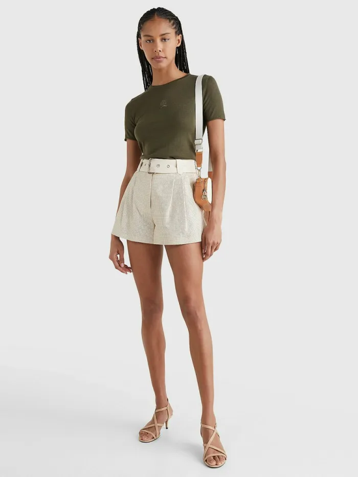 Tommy Hilfiger Crest Embroidery Wool Silk TShirt Army Green Womens TShirts Sale
