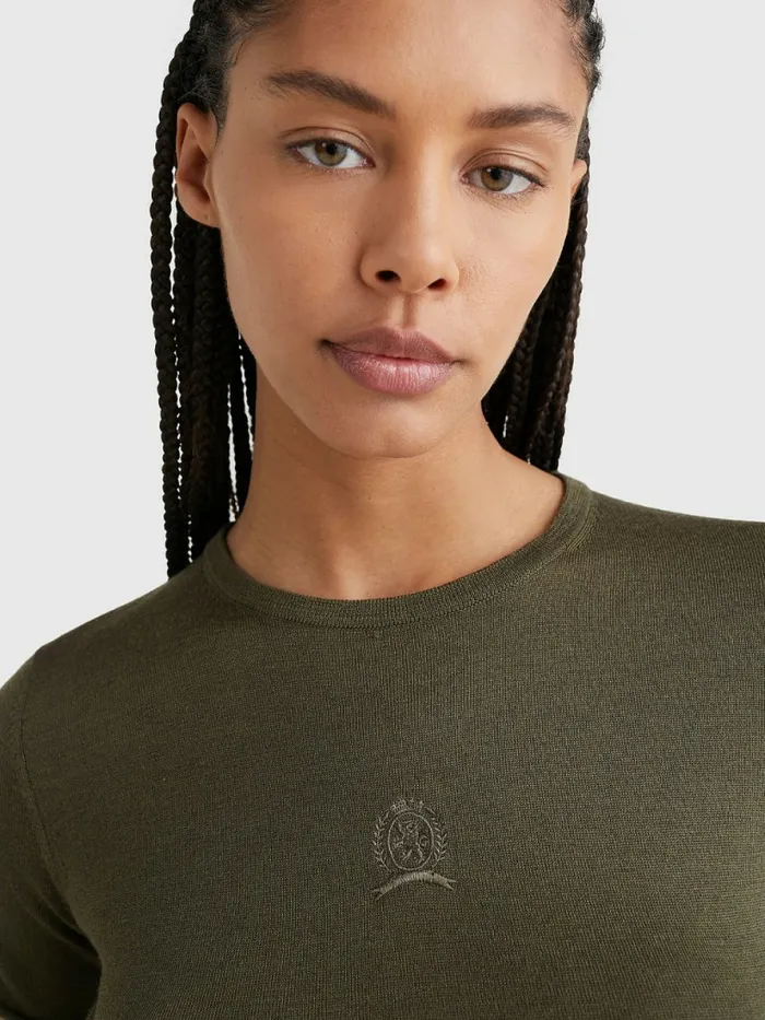 Tommy Hilfiger Crest Embroidery Wool Silk TShirt Army Green Womens TShirts Sale