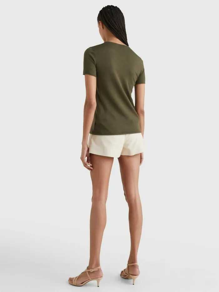 Tommy Hilfiger Crest Embroidery Wool Silk TShirt Army Green Womens TShirts Sale