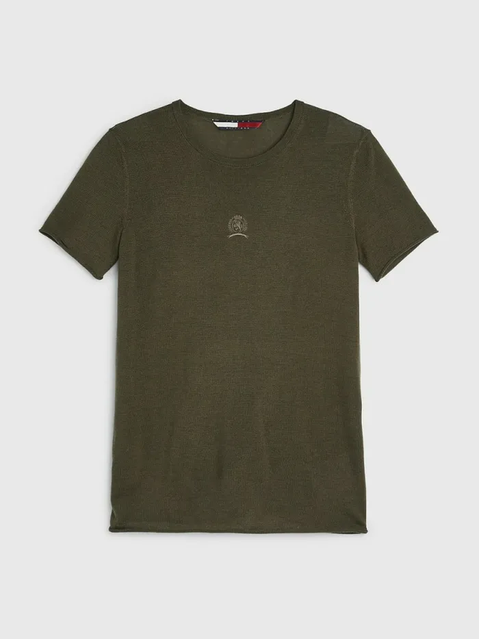 Tommy Hilfiger Crest Embroidery Wool Silk TShirt Army Green Womens TShirts Sale