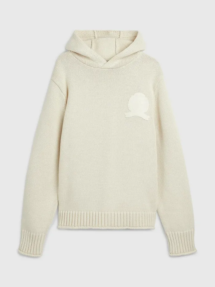 Tommy Hilfiger Crest Organic Cotton Knitted Hoody Desert Sand Dune Mens Knitwear Cheap On Sale