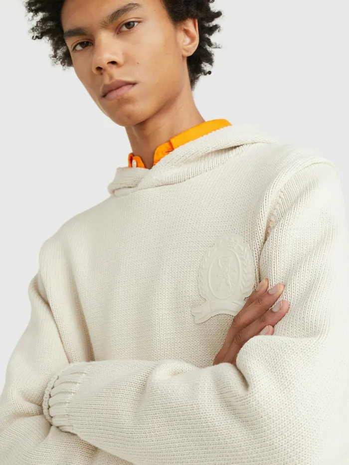 Tommy Hilfiger Crest Organic Cotton Knitted Hoody Desert Sand Dune Mens Knitwear Cheap On Sale