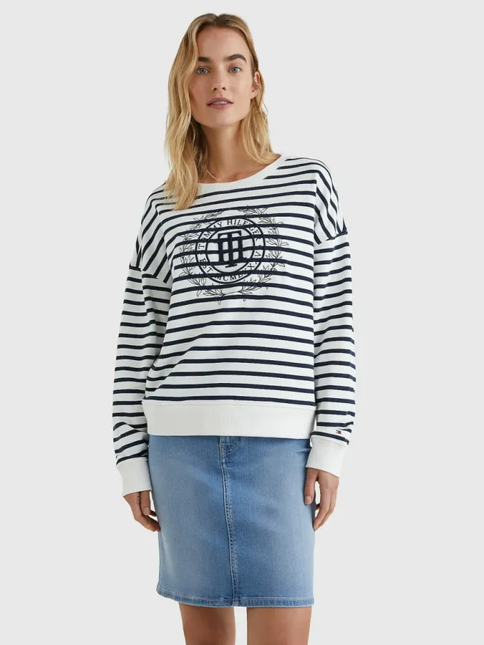 Tommy Hilfiger Crest Stripe Relaxed Sweatshirt Breton StpEcru Desert Sky Womens Sweatshirts and Hoodies Gift 4 You Tommy Hilfiger Crest Stripe Relaxed Sweatshirt Breton StpEcru Desert Sky Womens Sweatshirts and Hoodies Gift 4 You