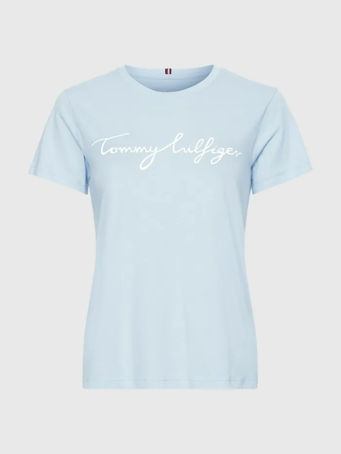 Tommy Hilfiger Crew Neck Graphic Signature Logo TShirt Breezy Blue Womens TShirts For Sale