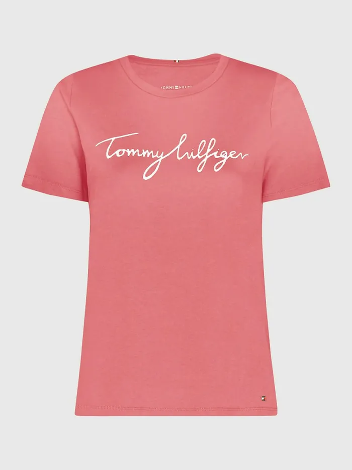 Tommy Hilfiger Crew Neck Graphic Signature Logo TShirt English Pink Womens TShirts On Sale