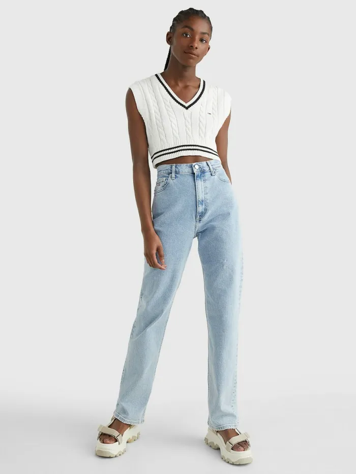 Tommy Hilfiger Cropped Cable Knit Vest Ecru Womens Knitwear Sale