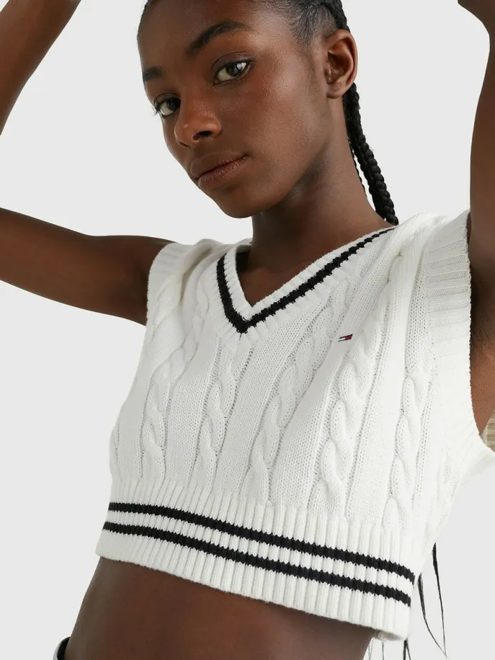 Tommy Hilfiger Cropped Cable Knit Vest Ecru Womens Knitwear Sale